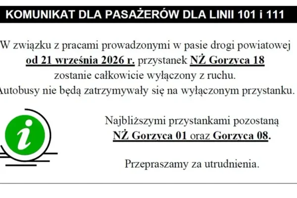 Przystanek Gorzyca 18 wyłączony od 21 września – zmiany w kursowaniu linii 101 i 111