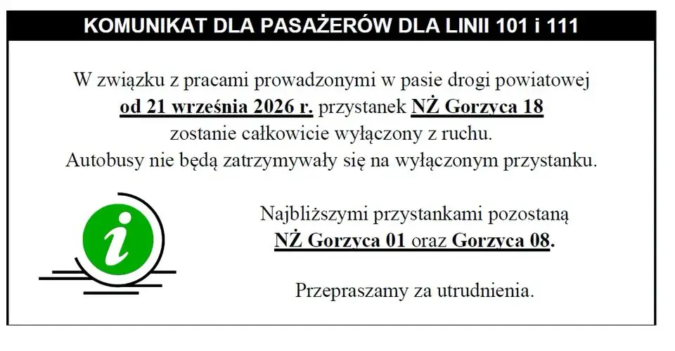 Przystanek Gorzyca 18 wyłączony od 21 września – zmiany w kursowaniu linii 101 i 111