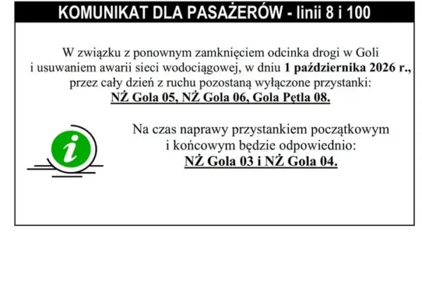 Gola: awaria wodociągu zmienia trasy autobusów linii 8 i 100