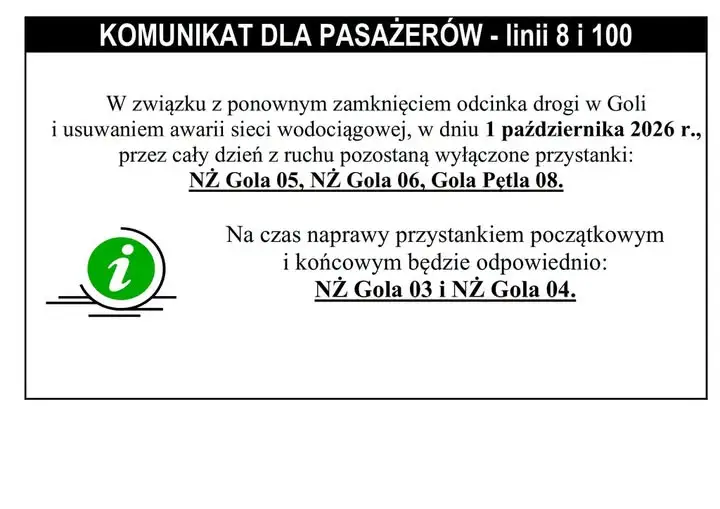 Gola: awaria wodociągu zmienia trasy autobusów linii 8 i 100