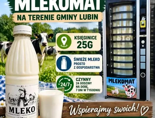 Pierwszy mlekomat w Gminie Lubin — świeże mleko dostępne całą dobę