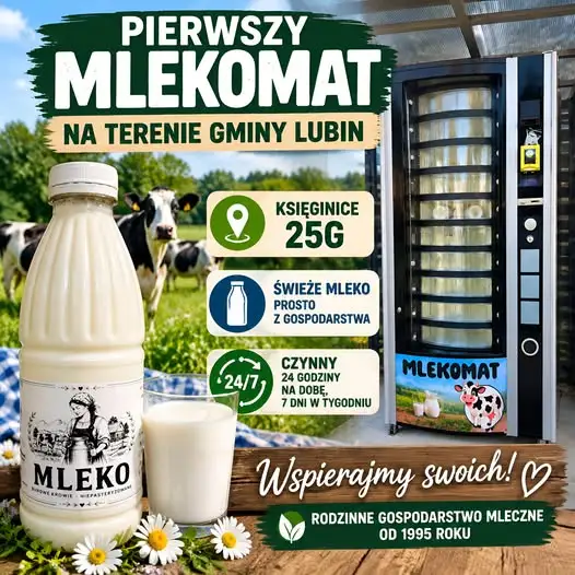 Pierwszy mlekomat w Gminie Lubin — świeże mleko dostępne całą dobę