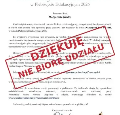 Rudna: szkoła dziękuje za nominację, ale nie weźmie udziału w plebiscycie